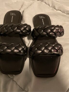 Time and Tru Black Braided Double-Strap Slide Sandals